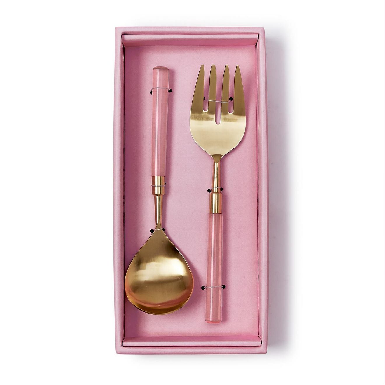 The Pink Blush Set of 2 Servers includes a large serving spoon and a matching large serving fork with gold-colored heads and pink acrylic stainless steel handles, packaged in a chic gift box. Ideal for salads. Sizes: Large.