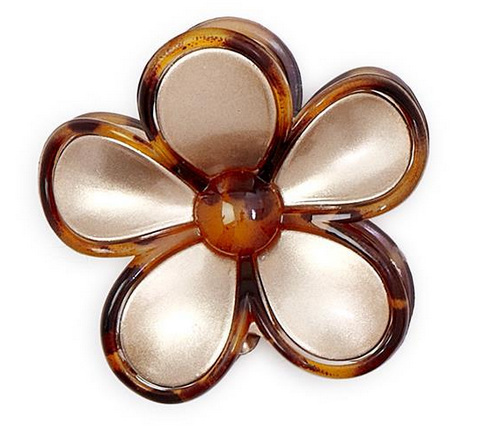Shiny, five-petal flower claw clip with metallic gold petals and brown tortoise-print edges. Available in multiple sizes.