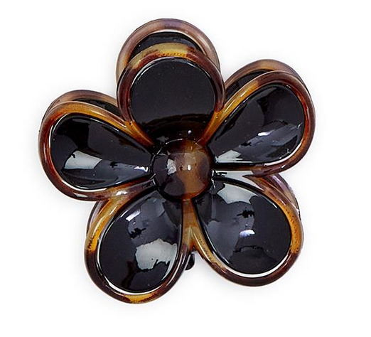 Five glossy, black and brown tortoise print petals form a flower-shaped claw clip. Available in small and large sizes.