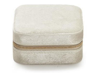 Small, square, cream velvet jewelry box with gold zipper and multiple compartments. Available in various compact sizes.