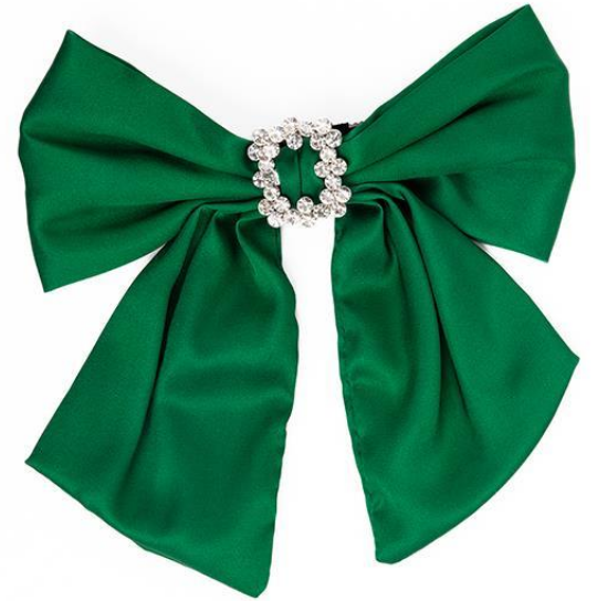 The Holiday Bow: Large green satin bow with a circular cluster of small silver rhinestones at the center; features two long, loose tails. Available in one size.