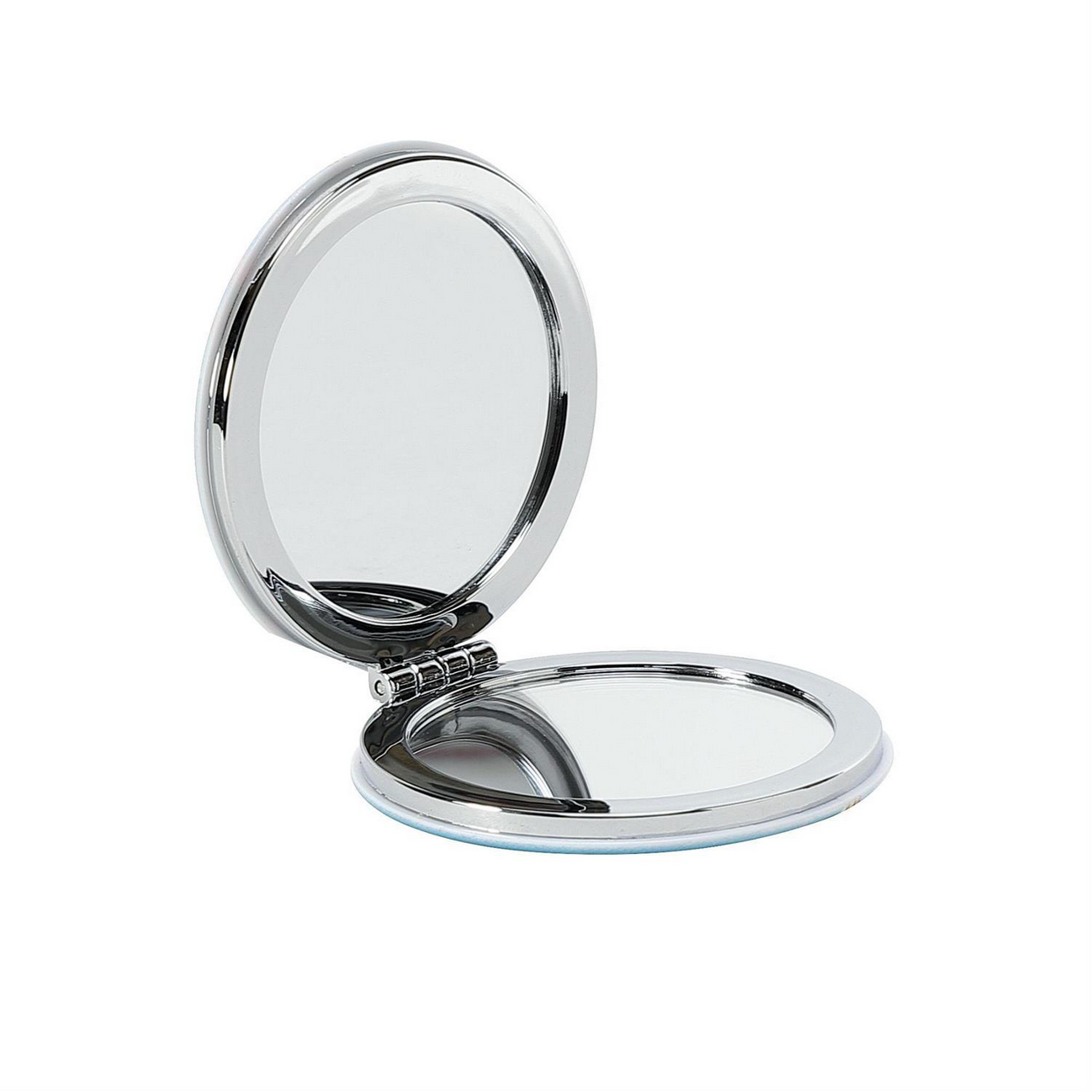 Magnifying Compact Mirror by EttaVee: Sleek, round design with a shiny metallic finish. Features two reflective surfaces and noticeable hinge. Available sizes: small, medium, large.