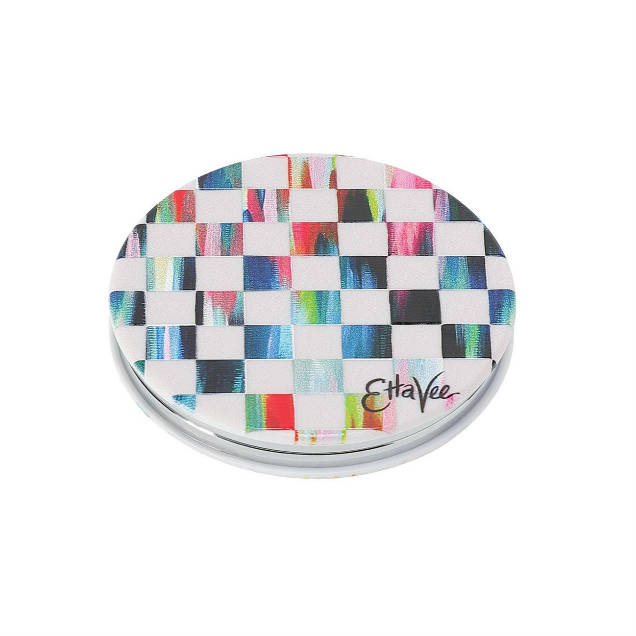 The Magnifying Compact Mirror is a round compact with a vibrant checkered design and silver base. "EttaVee" by Jessi Raulet is elegantly scripted on the front. Available in 3 inches and 4 inches.