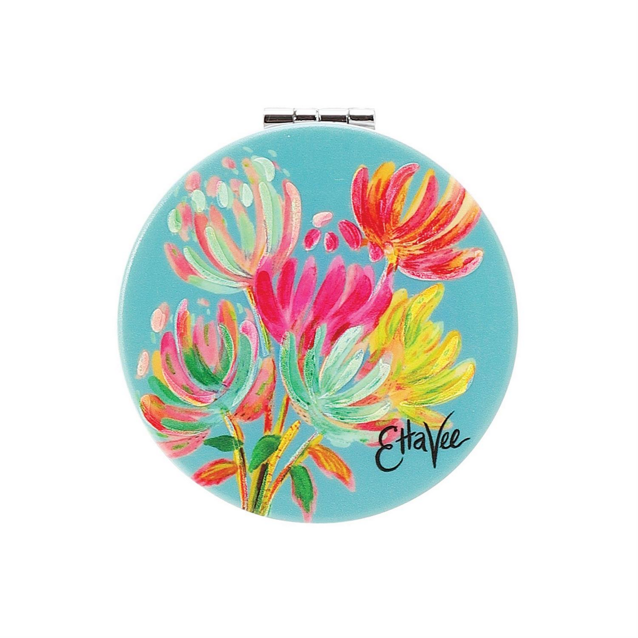 **The Magnifying Compact Mirror**
- **Design:** Vibrant floral pattern by Jessi Raulet of EttaVee, featuring pink, red, yellow, and green flowers on a blue background.
- **Features:** Portable with magnification functionality.
- **Sizes Available:** Not specified.