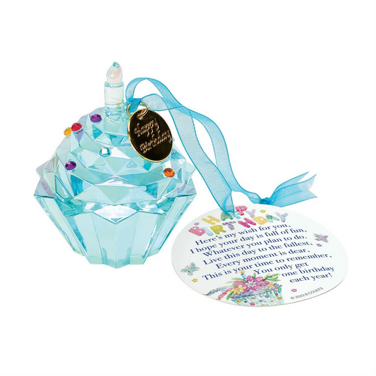**Enesco's Facet Collection: Happy Birthday Cupcake Ornament**
- Blue faceted crystal with multicolored gem-like dots
- Gold medal and ribbon
- Circular tag with colorful flower border and birthday message
- Perfect for birthday gifts
*Sizes available:*
One size