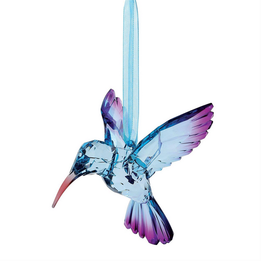 Hummingbird ornament, faceted acrylic, blue/purple hues, light blue ribbon, pink-tipped beak. Available in 3", 4".