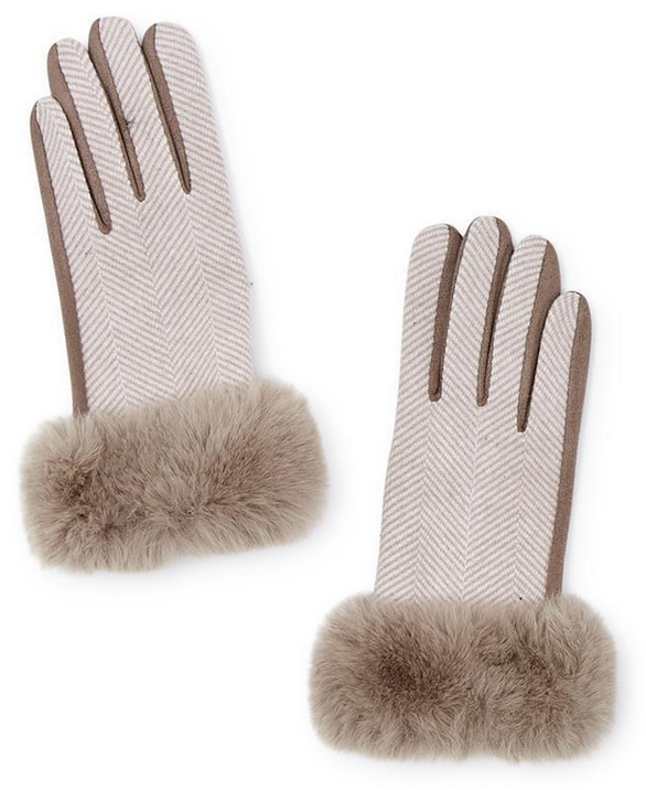 **Product:** Herringbone Glove with Super Soft Microsuede Trim and Touchscreen Fingertip
**Description:** Light grey and beige herringbone pattern, brown microsuede trims, light brown faux fur cuffs, touchscreen fingertips.
**Sizes Available:** S, M, L