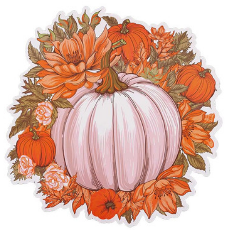 **Pumpkin Table Placemat Cutout**
- **Design:** Central white pumpkin with smaller orange pumpkins, orange, pink, and brown flowers and leaves
- **Theme:** Vibrant autumnal arrangement
- **Ideal For:** Thanksgiving spread
- **Sizes Available:** One standard size