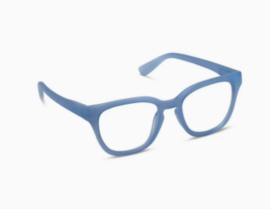 Peepers-Nola glasses: light blue square frames, clear lenses. Available in multiple sizes.