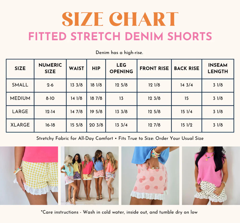 Dottie Denim Ruffle Shorts in assorted colors with polka dots. High-rise, ruffle hem. Sizes available per chart: numeric, waist, hip.