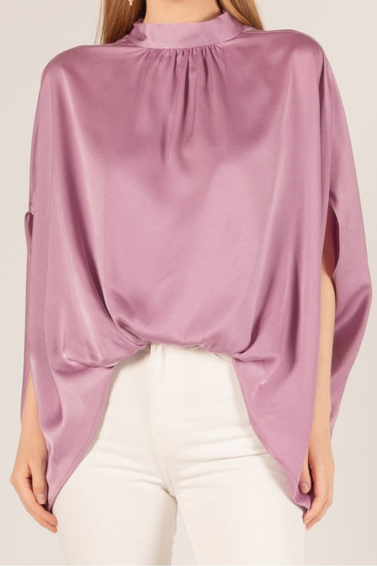 Satin Mock Neck Elastic Front Back Neck Tie Top in loose, shiny mauve satin with batwing sleeves. Sizes: XS-XL.