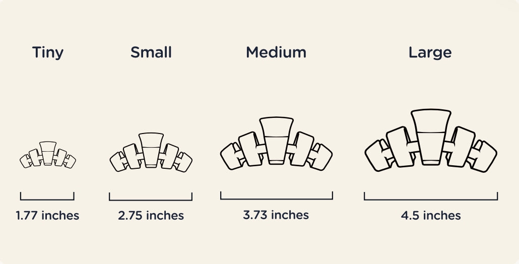 TELETIES Classic Hair Clips available in four sizes: Tiny (1.77"), Small (2.75"), Medium (3.73"), Large (4.5").