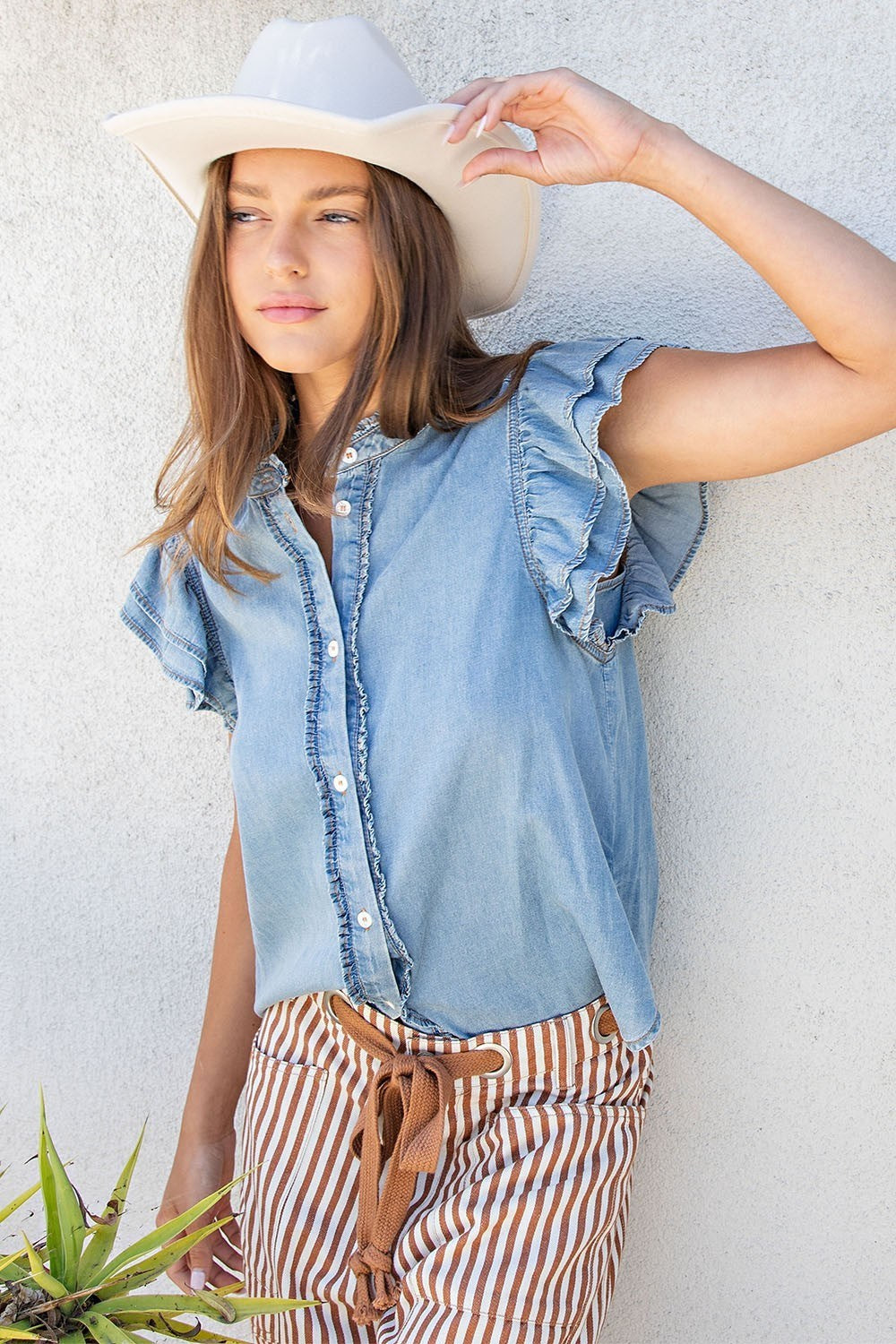Washed Ruffle Trim Flutter Sleeve Blouse