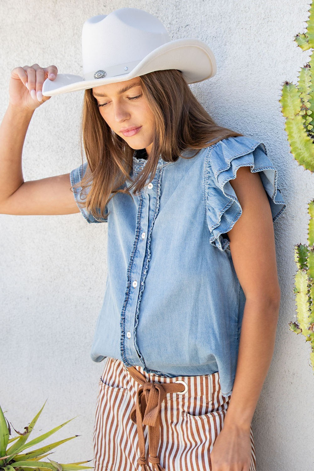 Washed Ruffle Trim Flutter Sleeve Blouse