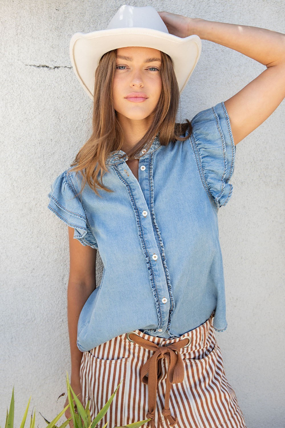 Washed Ruffle Trim Flutter Sleeve Blouse