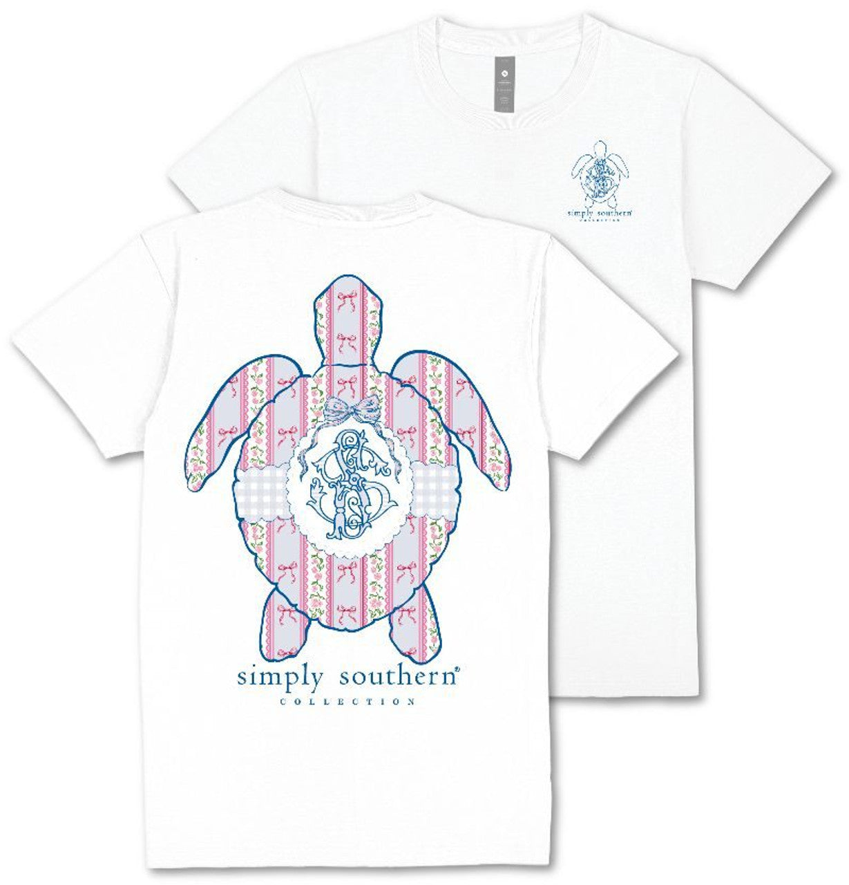 White tee with large patterned sea turtle and "simply southern collection" on back, small turtle/logo on chest. Sizes S-XXL.