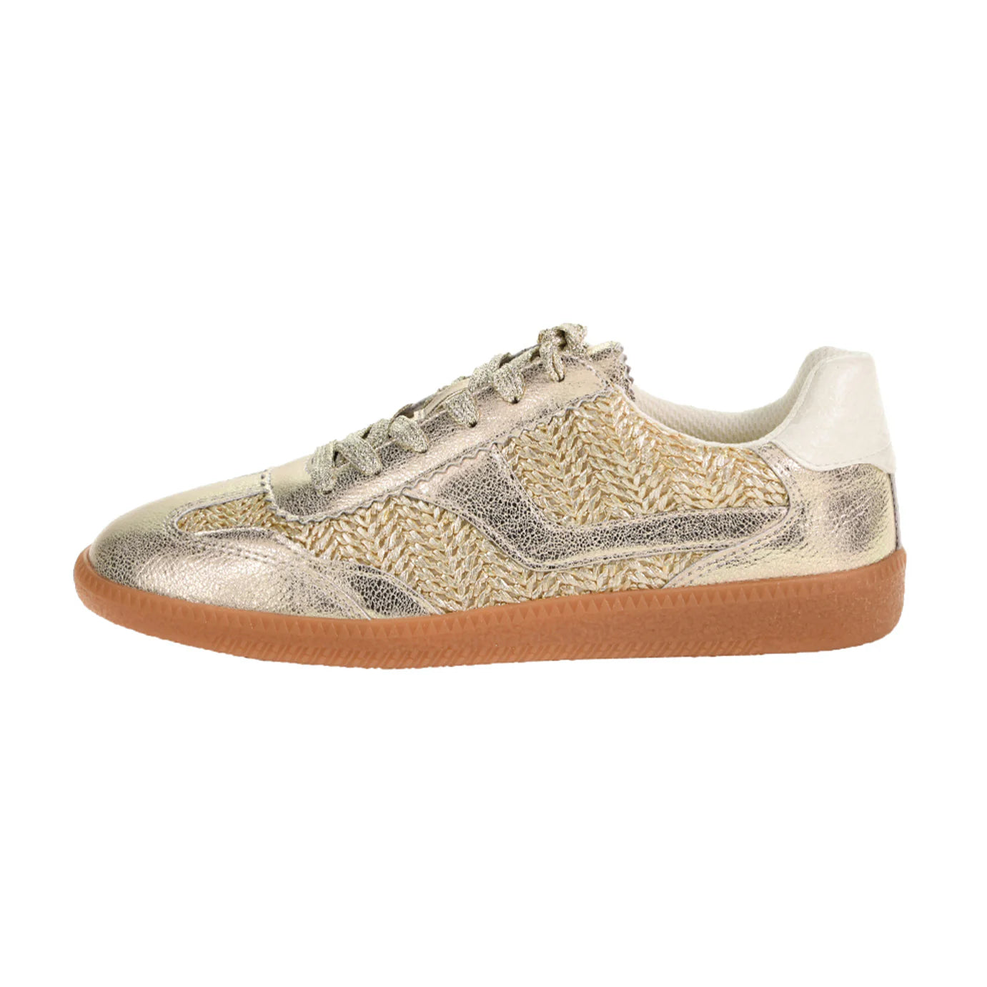 Tropics Sneaker - Metallic Gold: Low-top sneaker with side woven detailing, textured light brown rubber sole, and beige laces. Available in sizes 6-10.