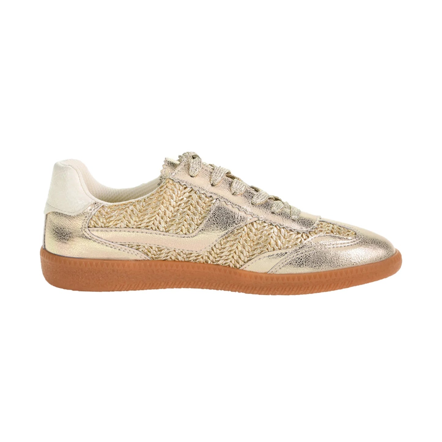 Tropics Sneaker - Metallic Gold: Stylish shoe with gold and cream woven details, metallic accents, and a light brown rubber sole. Features cream laces and an athletic silhouette. Sizes available: 6-12.