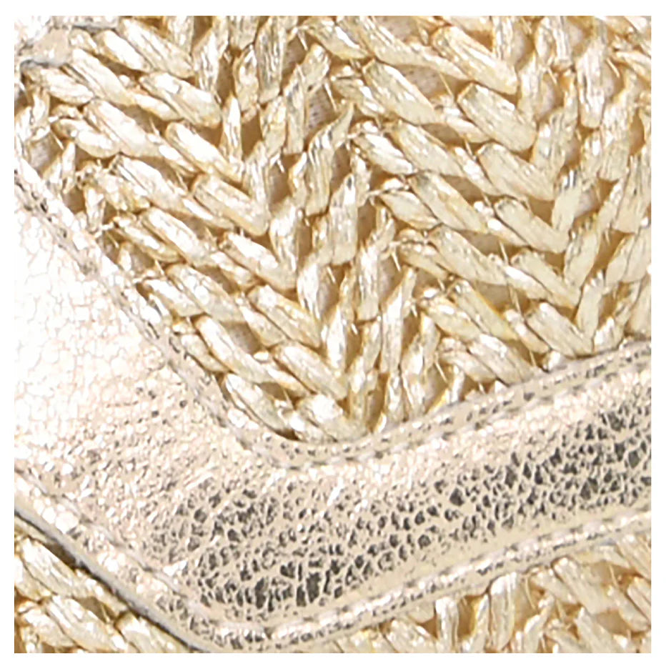 Tropics Sneaker - Metallic Gold Woven straw texture with zigzag pattern and shiny metallic trim. Available sizes: 5 to 11.