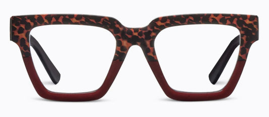 Square eyeglasses, thick frames, brown-orange tortoiseshell top, dark red bottom. Available in multiple sizes.