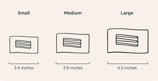 TELETIES Flat Rectangle Hair Clip shown in three sizes: Small (3.4"), Medium (3.9"), and Large (4.2").
