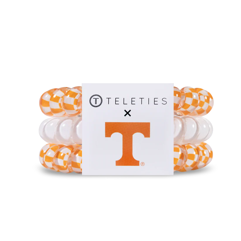 Set of 3 TELETIES hair ties: two orange-white checkered, one clear; includes card. Available in small and large sizes.