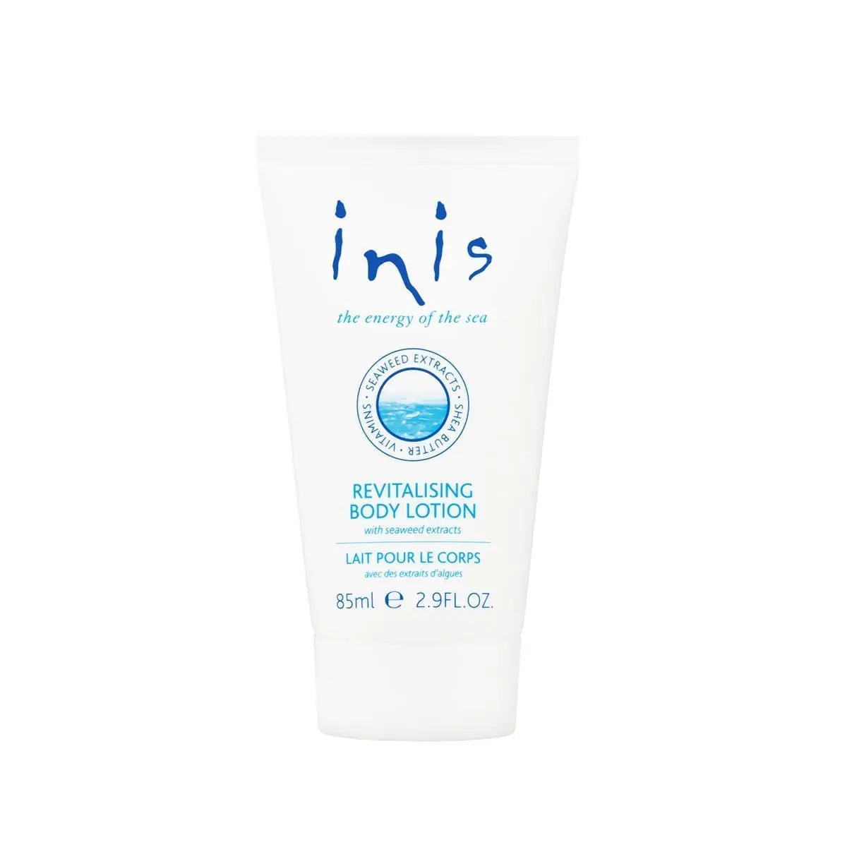 85ml white tube of Inis Body Lotion with seaweed extracts, blue text, sea-inspired logo; available in 85ml size.