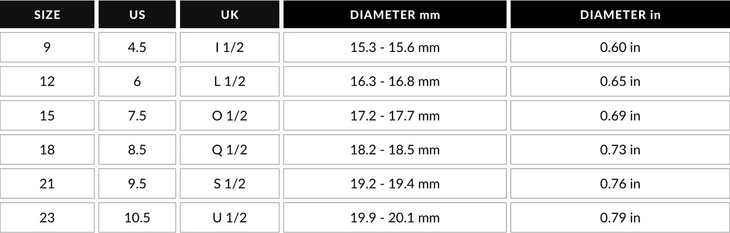 Table shows available Maxi Ring with Heart Shape sizes from 9 to 24, listing US and UK sizes plus diameter in mm and inches; made of elegant sterling silver.