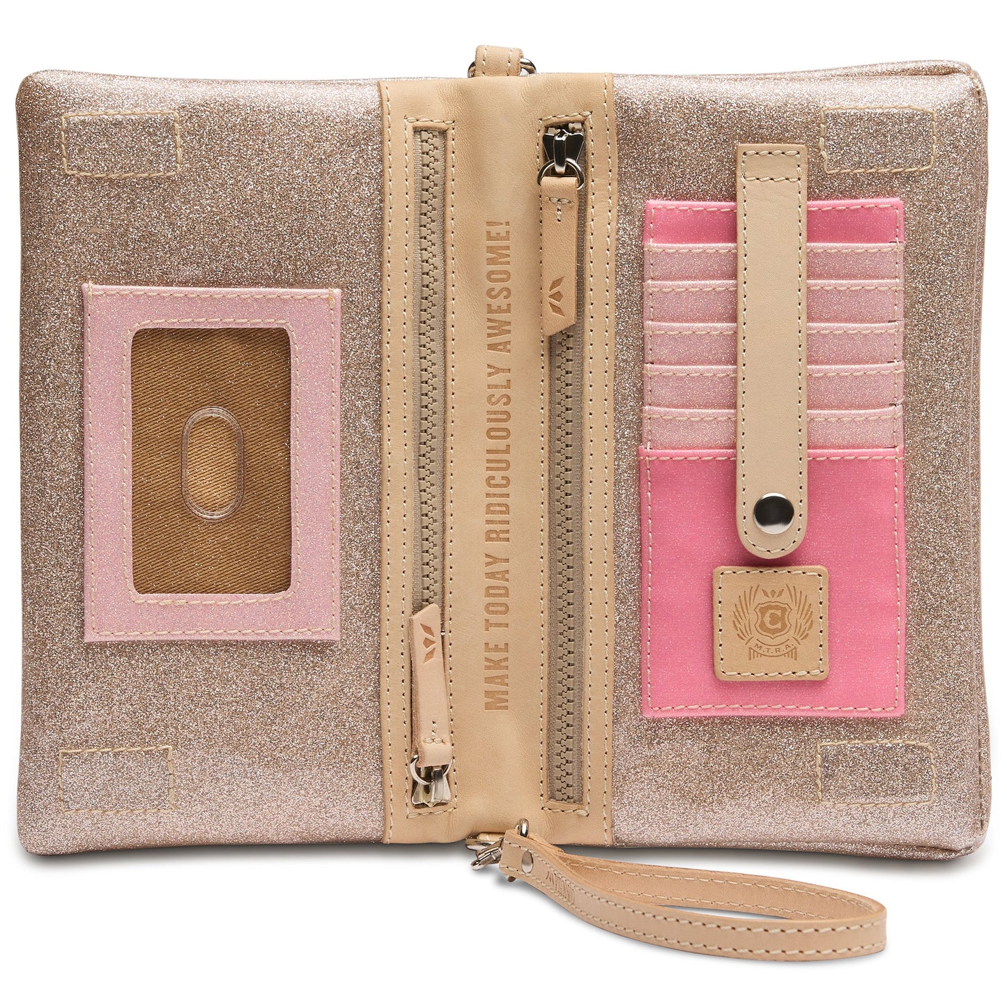 The Emery Uptown Crossbody features beige and pink accents, multiple card slots, a clear ID window, a zippered compartment, motivational text "Make Today Ridiculously Awesome!" and a wristlet strap. Sizes available: One size.