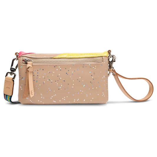 Beige wristlet purse with front zip pocket, multicolored speckles, yellow-pink trim, rainbow strap. Sizes: S, M, L.