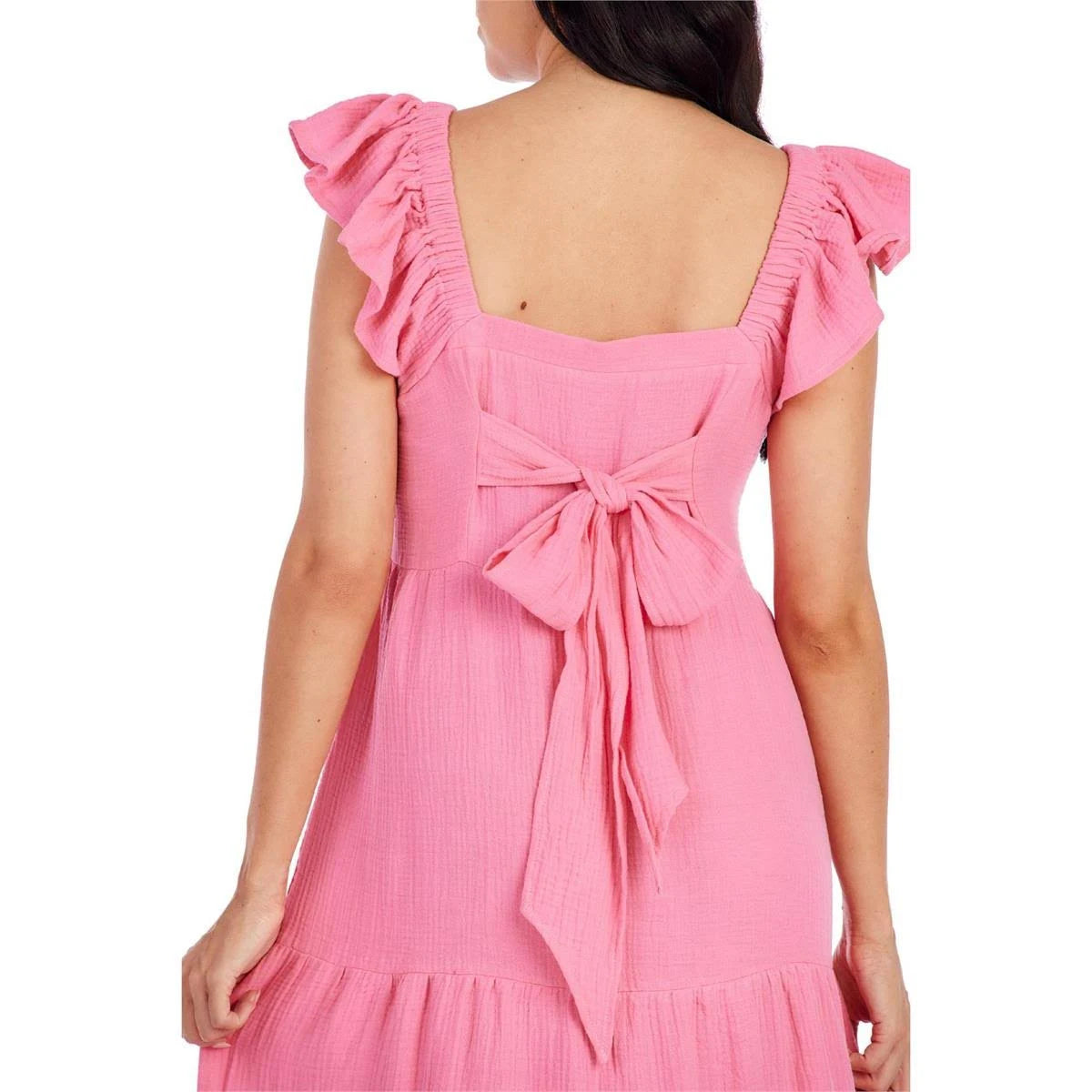 The Serena Dress is a stylish and feminine apparel in a vibrant shade of pink. Comes with distinct features like a square neckline, ruffle sleeves, and tiered skirt for an added layer of sophistication. Sizes available range from small to extra large.