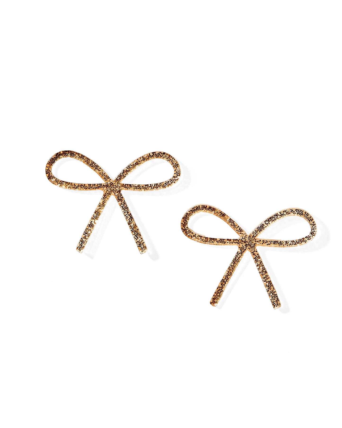 Gold glitter bow-shaped earrings made from eco-friendly acetate. Available Size: One size fits all.