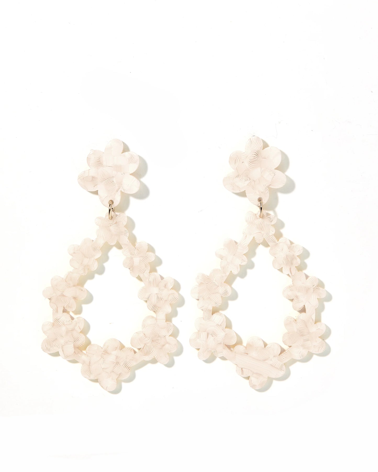 The Bianca Earrings feature teardrop-shaped dangles with clusters of small, translucent, light-colored flowers. Made from surgical-grade stainless steel, perfect for sensitive ears. Available in one size.
