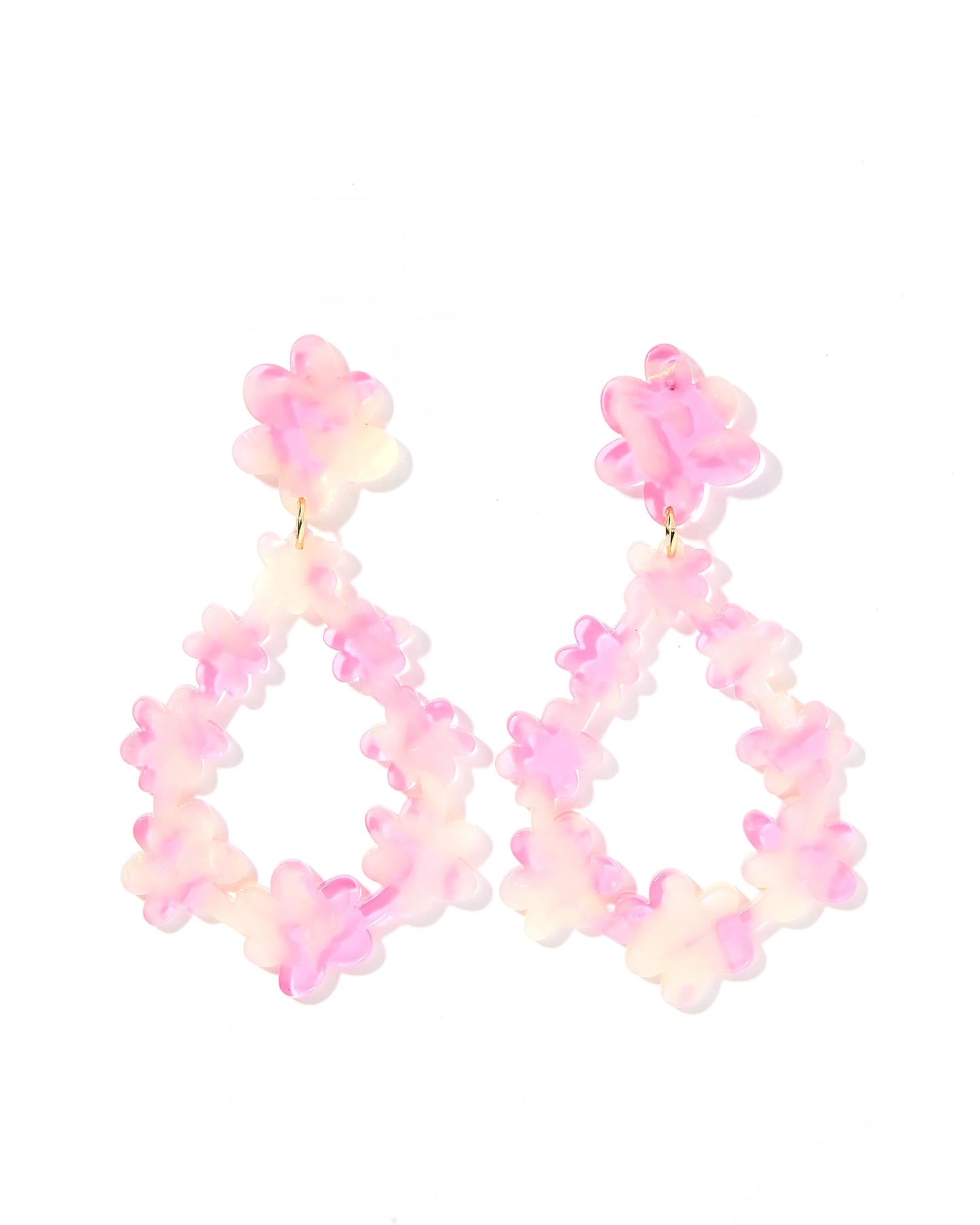 Sizes available: One size fits all. Bianca Earrings are teardrop-shaped, floral-designed, in soft pink and white hues, crafted from surgical-grade stainless steel.
