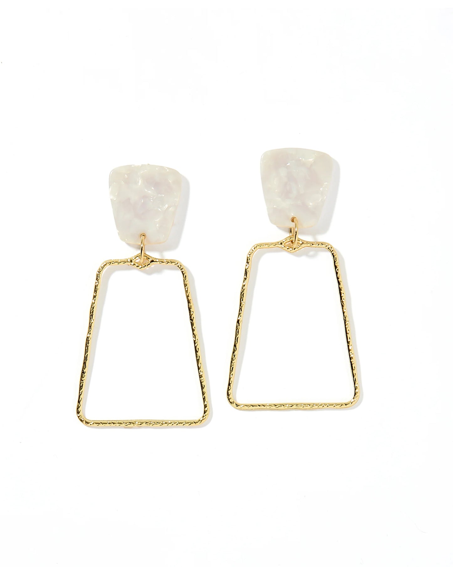 The Kaelyn Earrings feature gold-toned alloy with an abstract white stone top and open trapezoidal shapes below, crafted from textured, gold-plated material. Suitable for sensitive ears.