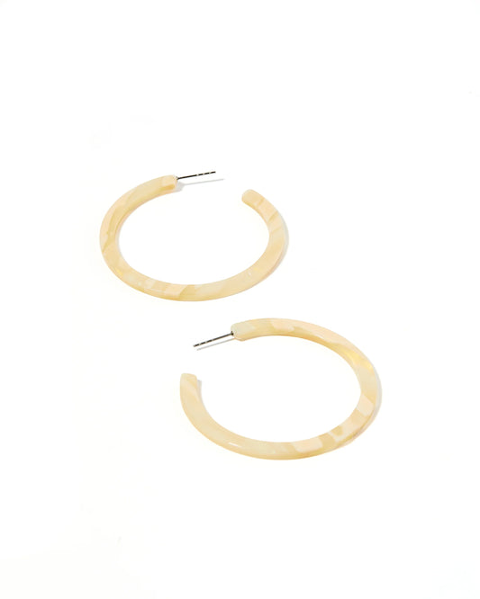 Light beige marbled Holly Hoop Earrings with nickel-free, surgical-grade steel posts for sensitive ears. Sizes: S, M, L.