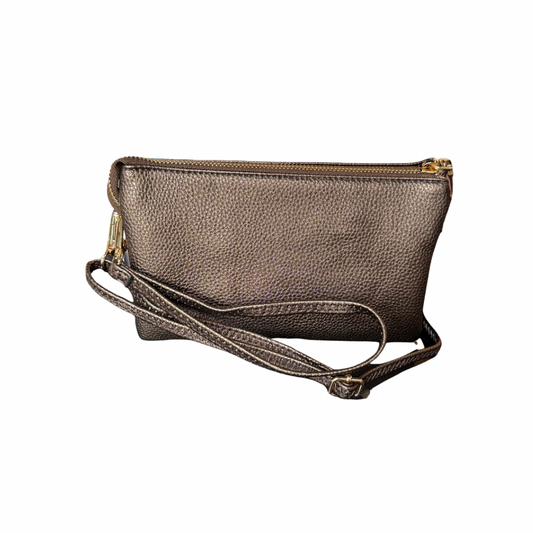 The Riley Crossbody Bag is a small, metallic brown vegan leather purse with zipper closure and wrist strap. Sizes: S, M, L.