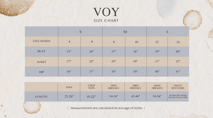 VOY Diamond Textured Yoke Puff Sleeve Top size chart: S (2-4), M (6-8), L (10-12) with bust, waist, and hip measurements.