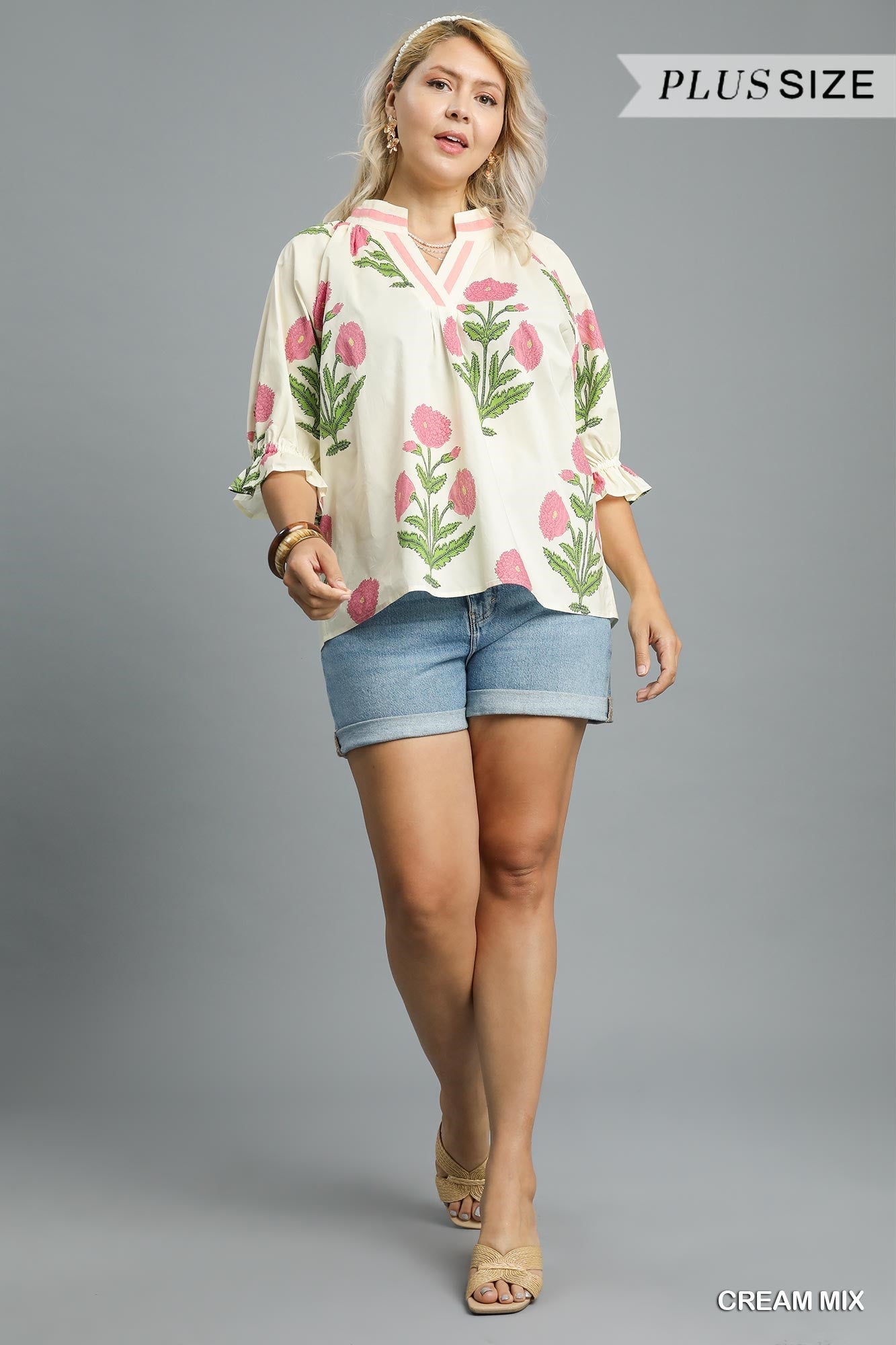 Floral Poplin Puff Sleeve Blouse—cream with pink florals, plus sizes 1X-4X.