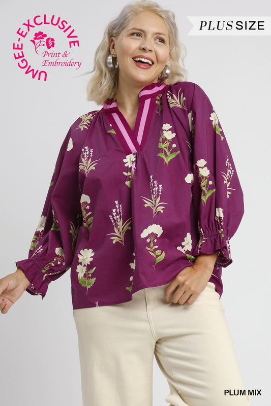 Floral Contrast Trim Blouse in plum mix with long sleeves, white floral print, pink-trimmed collar. Available in plus sizes.