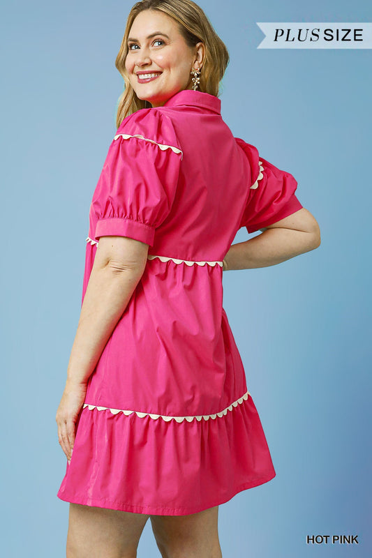 Charlie Hot Pink Ric-Rac Dress features white trim and playful ric-rac detailing. Available in plus sizes 1X, 2X, and 3X.