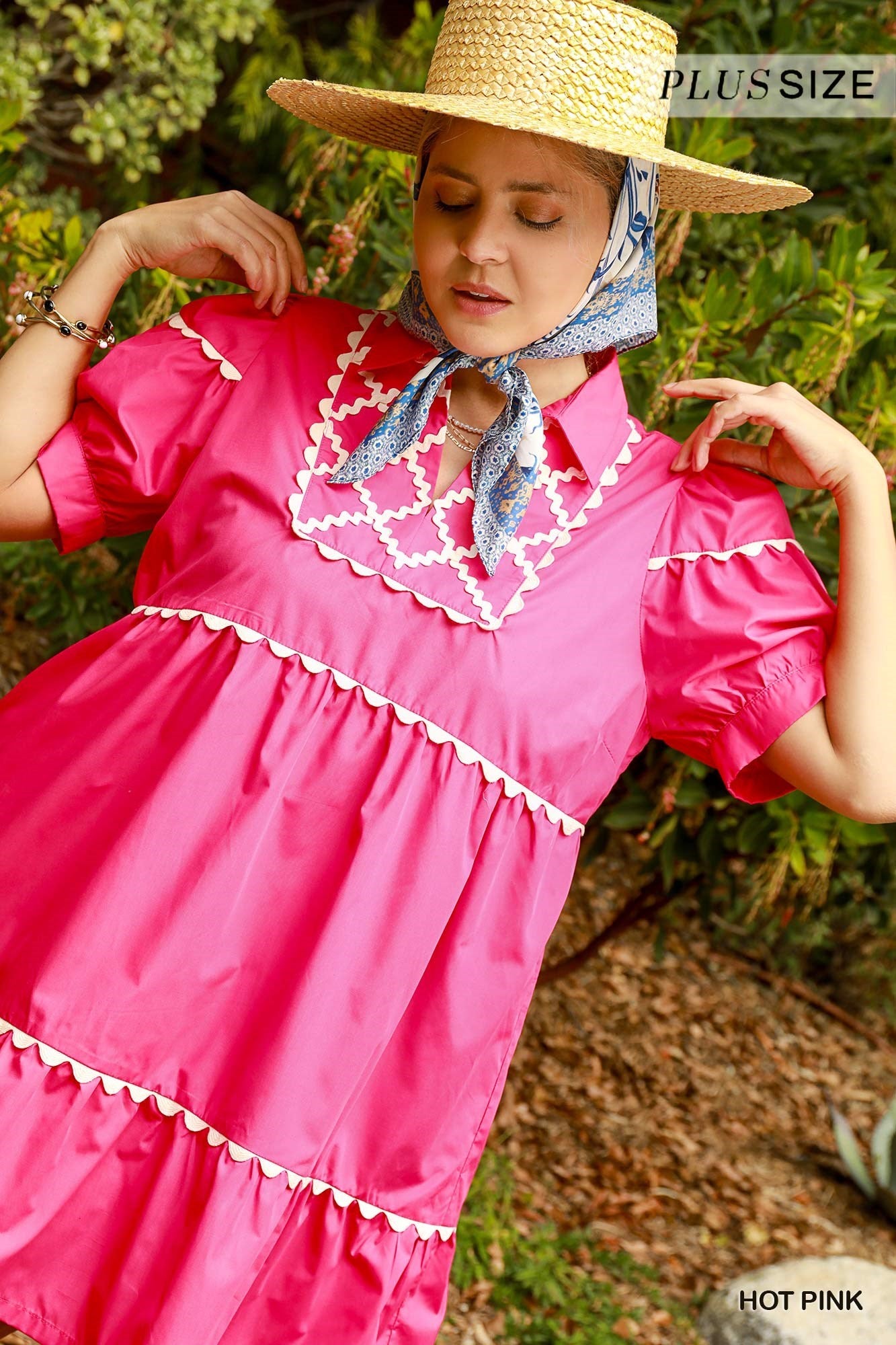 Charlie Hot Pink Ric-Rac Dress with white trim. Sizes: XS, S, M, L, XL.