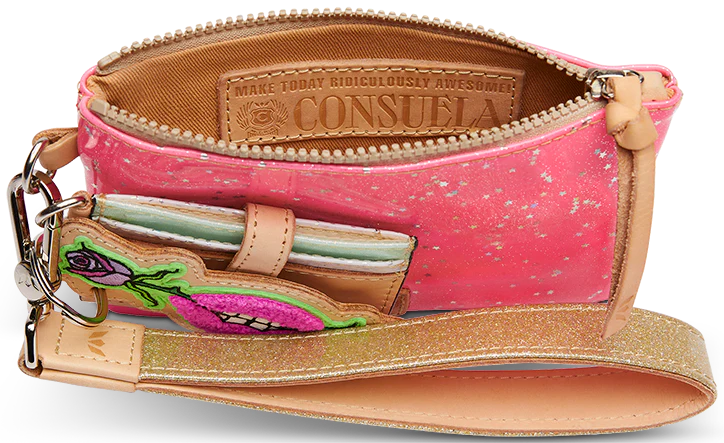 Small pink speckled wristlet wallet with gold strap, card slots, leather "Consuela" label inside, and vibrant flower patch with neon pink star glitter on exterior. Size: Small.