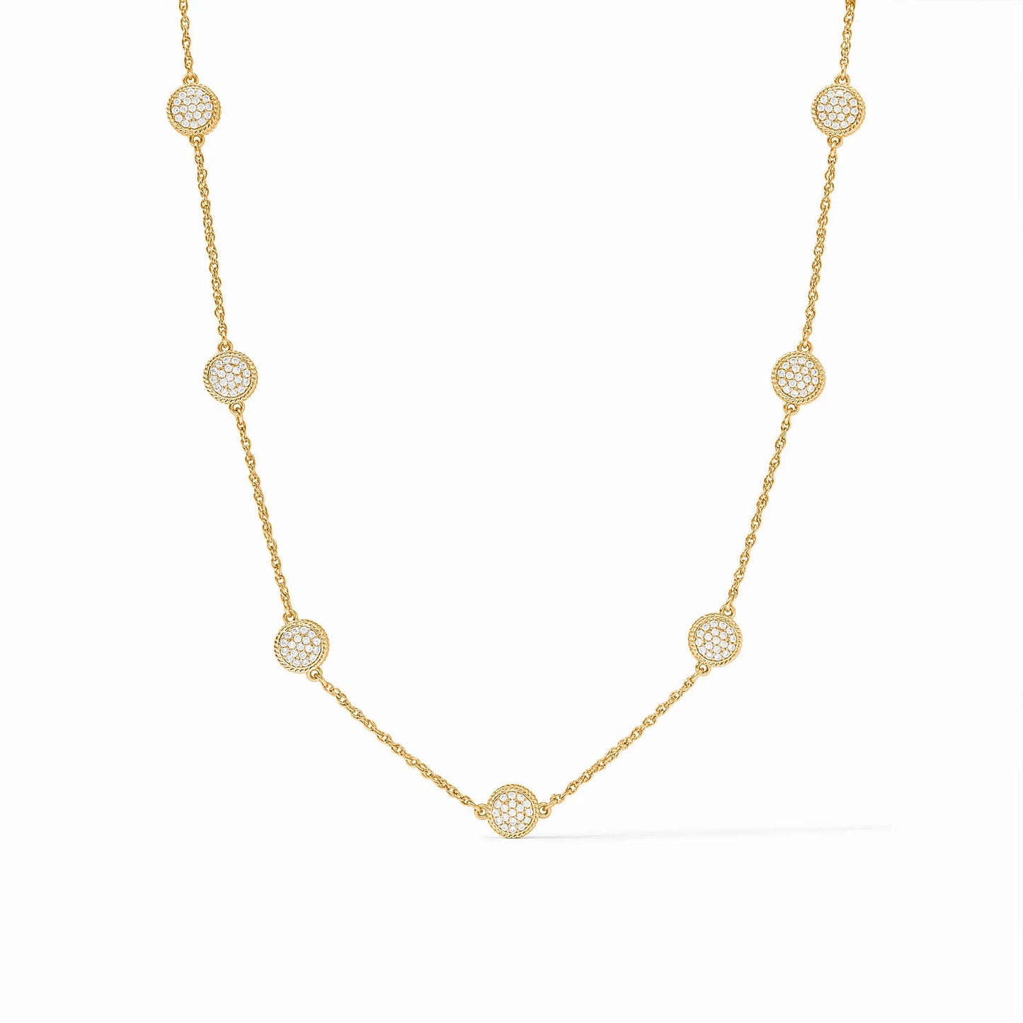 24K gold-plated necklace with evenly spaced circular cubic zirconia pendants. Available sizes: 16", 18".