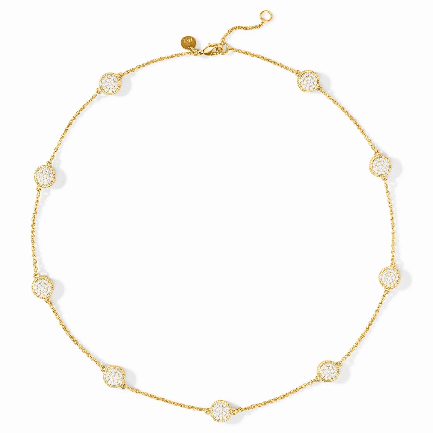 24K gold-plated necklace with circular pavé cubic zirconia pendants, adjustable clasp. Sizes available: 16-18".