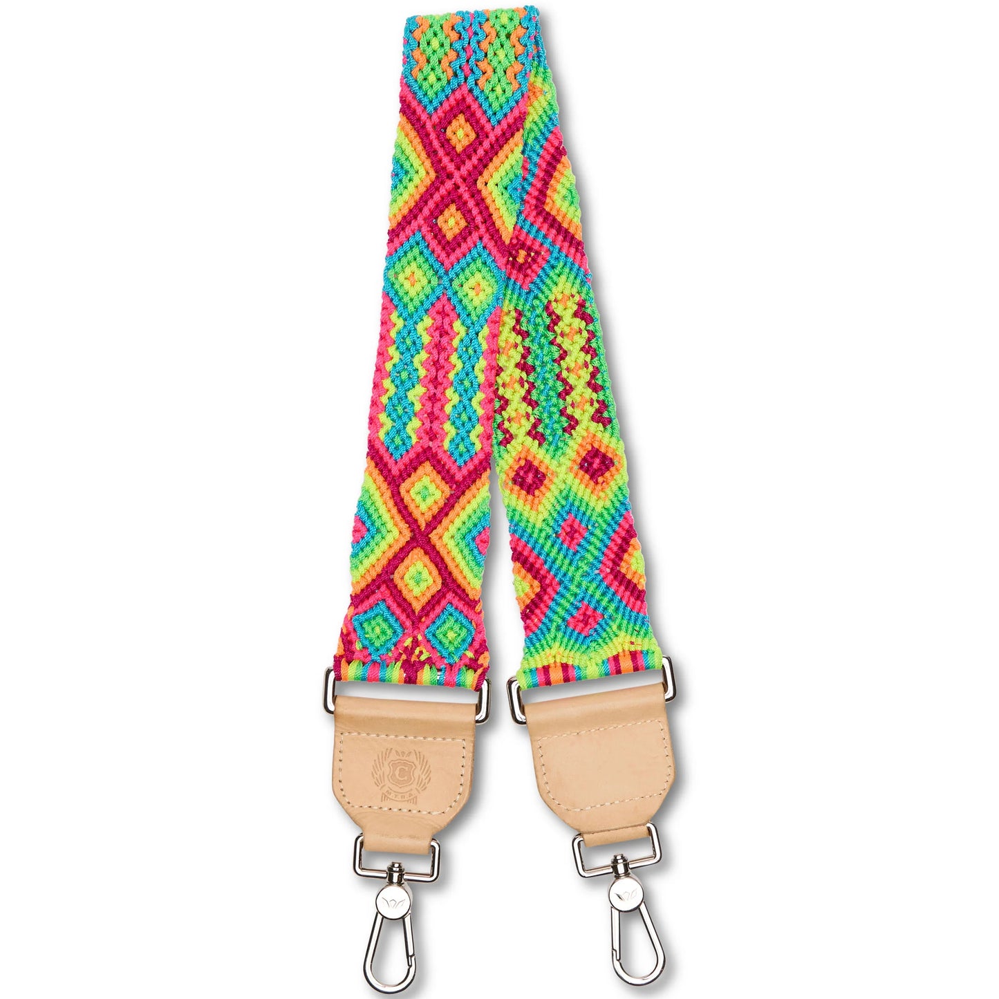 Mai Tai Wide Woven Shoulder Strap with geometric diamond pattern in red, yellow, green, and blue; tan leather ends; silver clips; adjustable length 35"-54".
