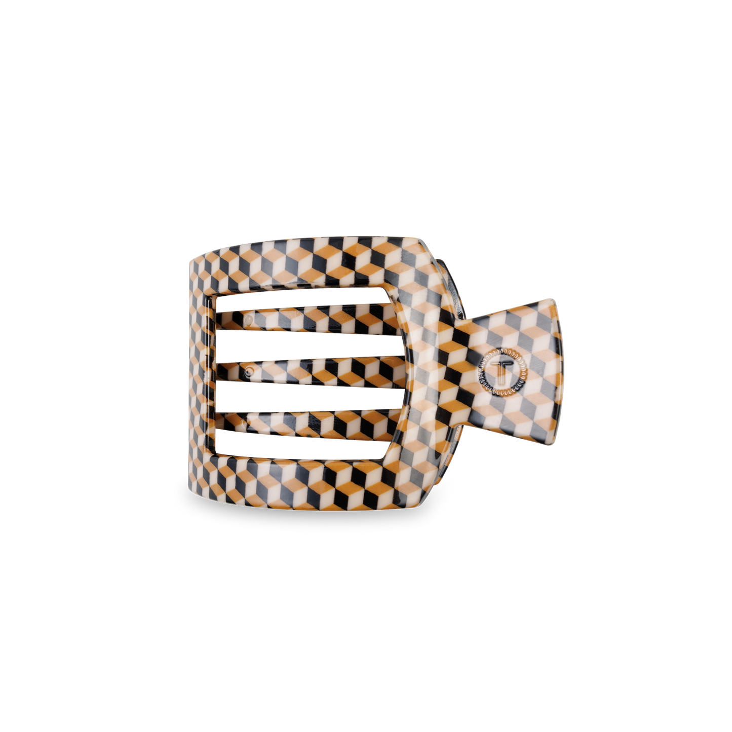 The TELETIES Square Flat Hair Clip has a geometric pattern with interlocking black, white, and brown shapes. It features a strong-grip, wide rectangular design with a glossy finish. Available in one size.