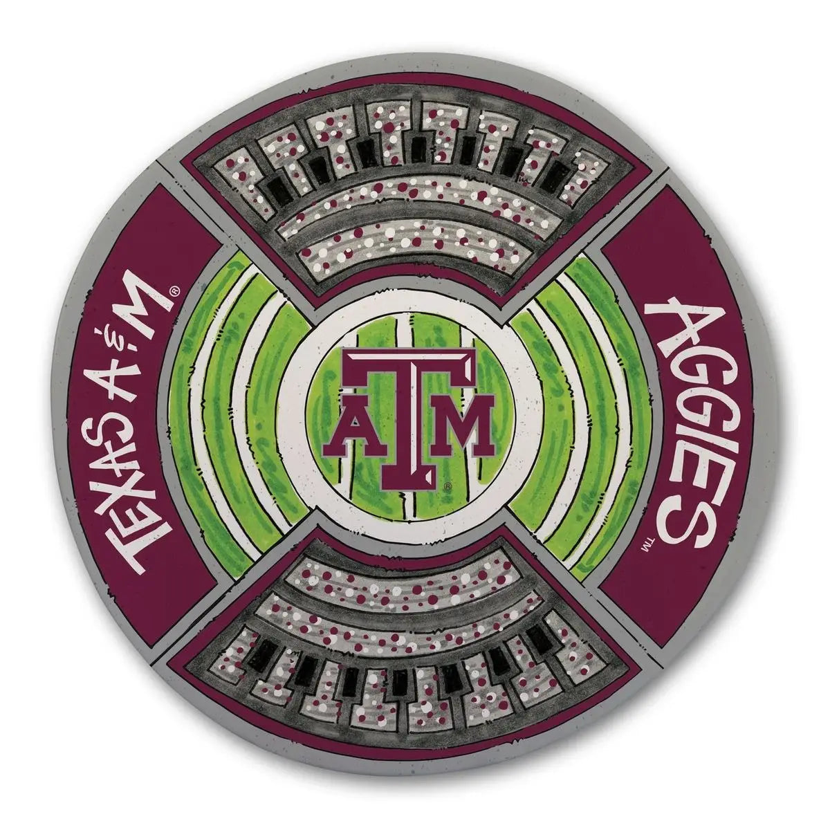 Circular TAMU melamine platter with logo, maroon/green/gray accents, "Texas A&M" text. Sizes: 14", 18".