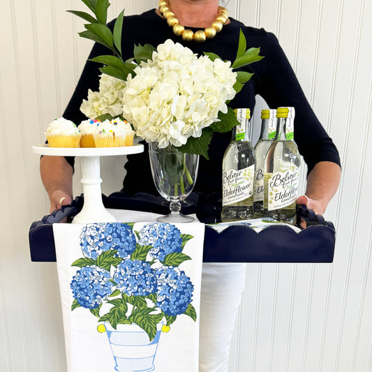 Hydrangeas Striped Pot Tea Towel displayed; available in standard size.