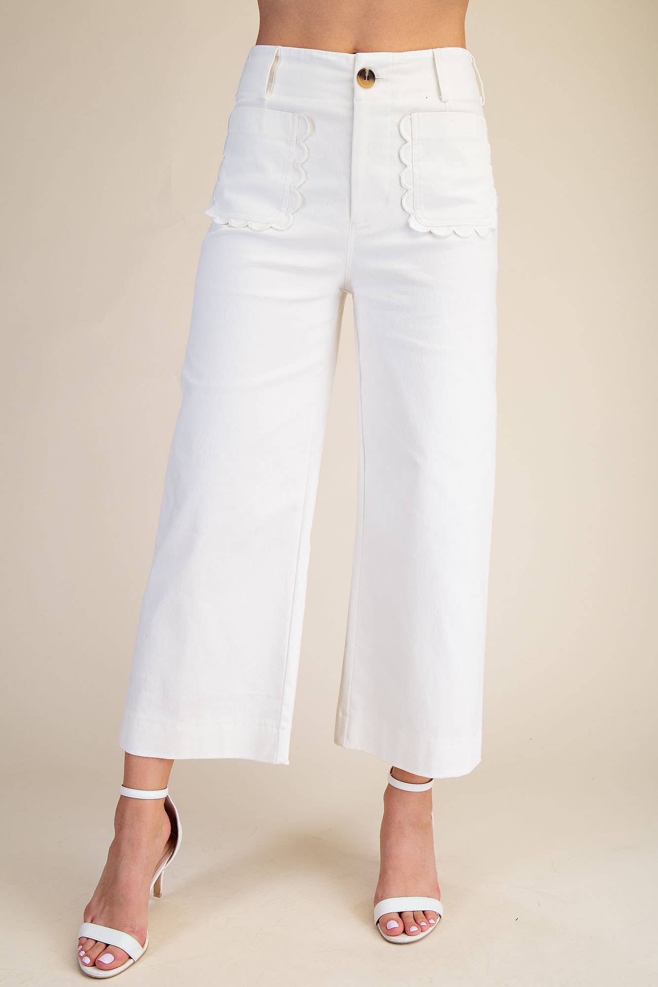 Colette White Cropped Wide-Leg Scallop Pocket Detail Pants